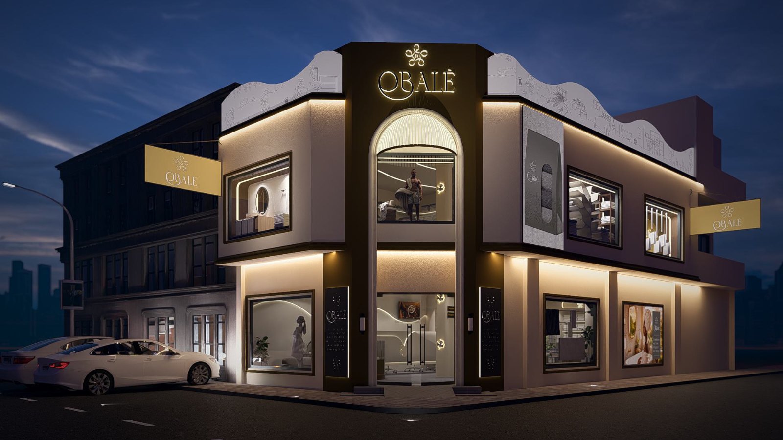 La façade de la boutique Obalè à Cocotier, de nuit